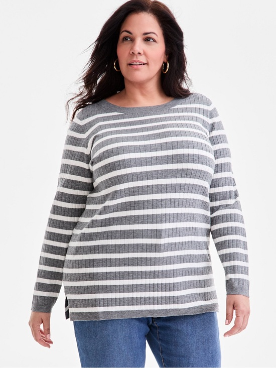 Style & Co. Sweaters - Gray & White Striped Ribbed Boat Neck Sweater Classic Preppy NWT